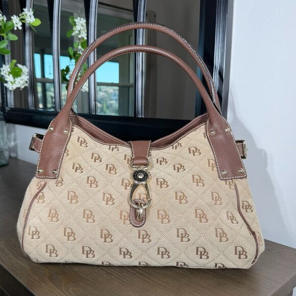 Dooney & Bourke Handbags - Dooney & Bourke Large Logo Canvas Handbag Brown Leather Trim Shoulder Bag
